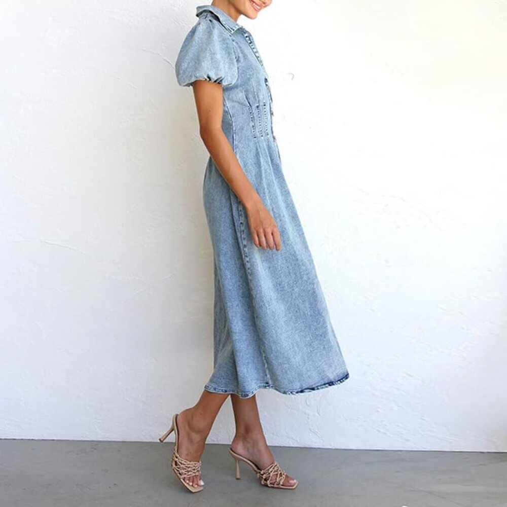 Women Denim Dress Long Puff Sleeve Button-Down Casual Slim Fit Midi - Picture 6 of 6